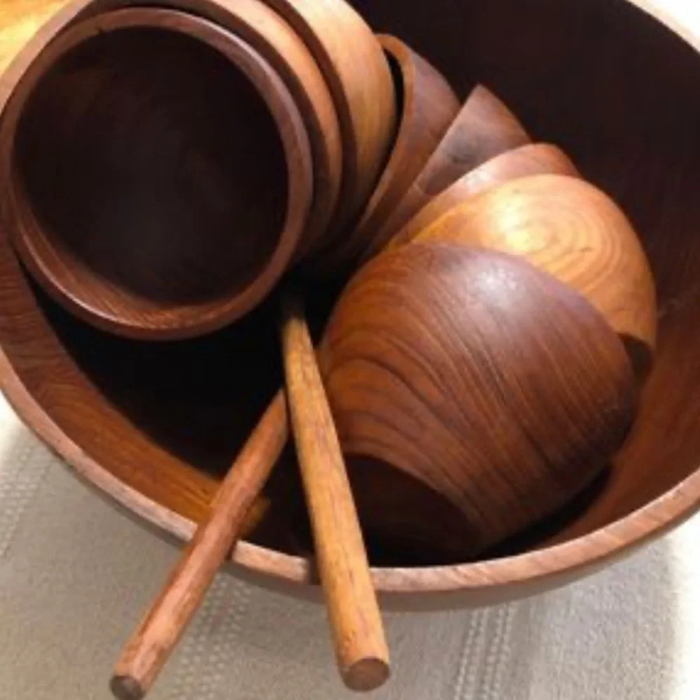 set of vintage handmade teak wood 8 salad bowls